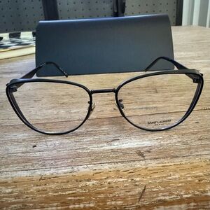 Saint Laurent Black Metal Cat-Eye Eyeglasses with Subtle Angular Frame